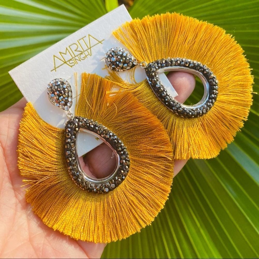 Amrita Singh Silk Fringe & Black Crystal Statement Earrings